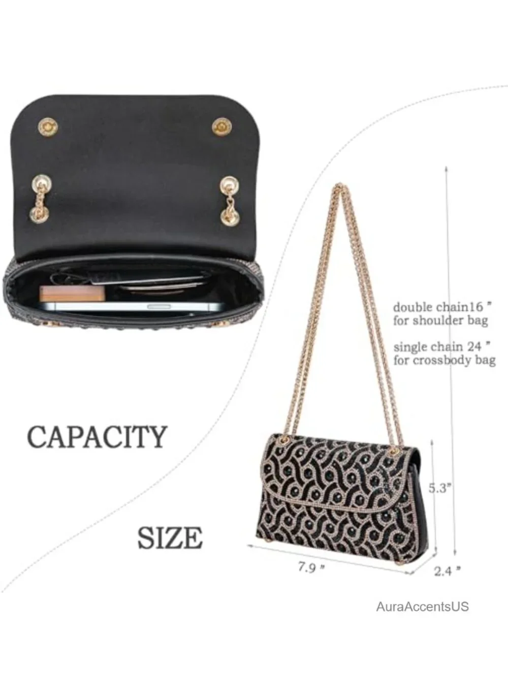 Evening Chain Strap Crossbody Clutch Purse with Rhinestones